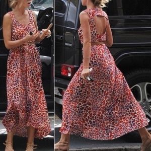 H&M Orange Blue Animal Print Maxi Dress Front Pleat Cutout Back Size 8